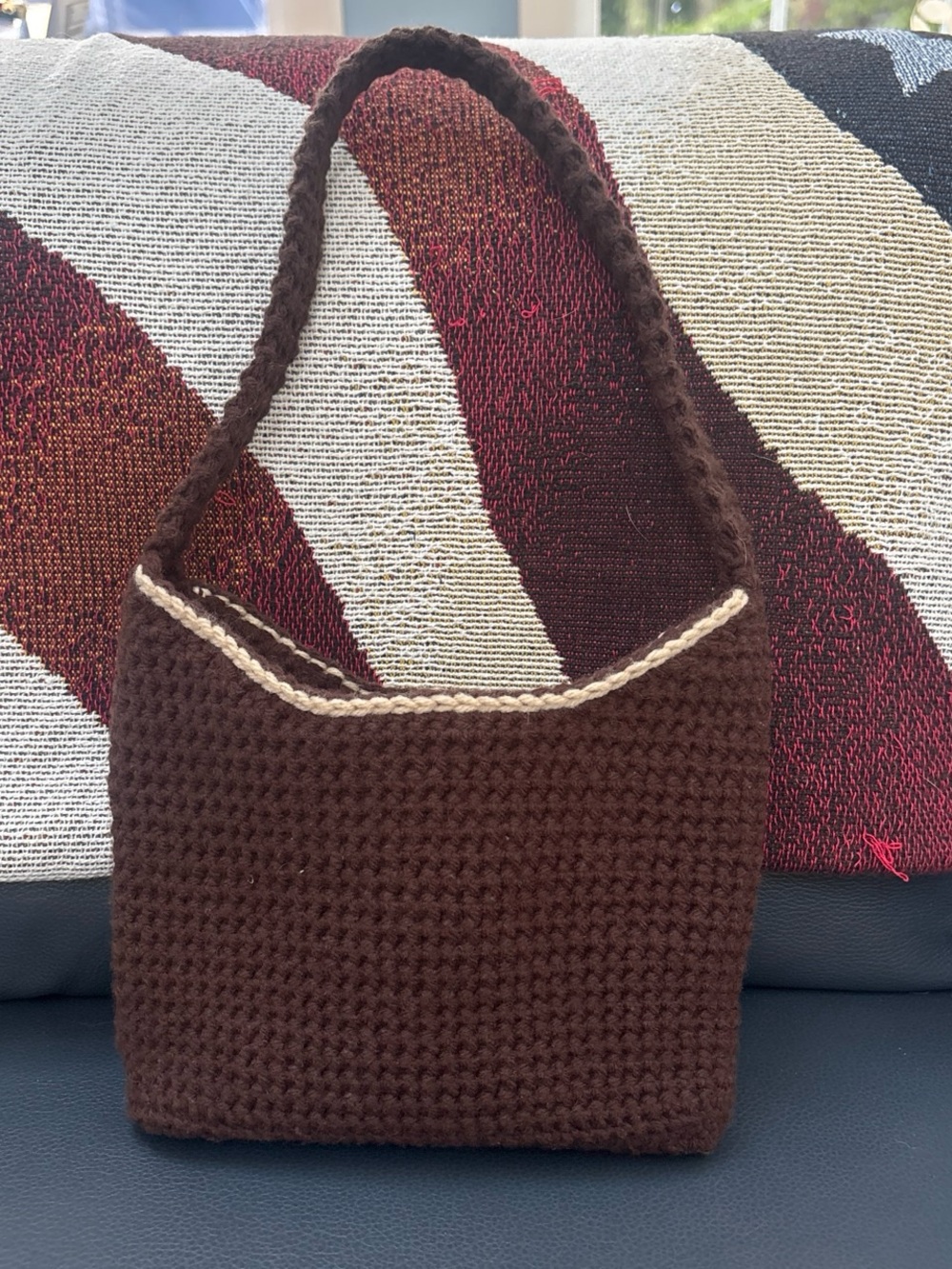 Brown Crochet Shoulder Bag with Cream Trim